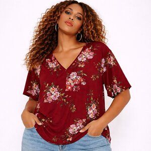 A. Jesdani Burgundy Floral V-Neck Blouse | Short Sleeve Boho Top